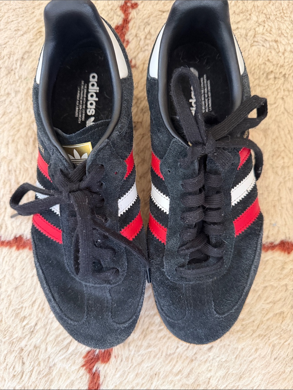Unisex Adidas Sambas Black with Red and White Stripes Size 6